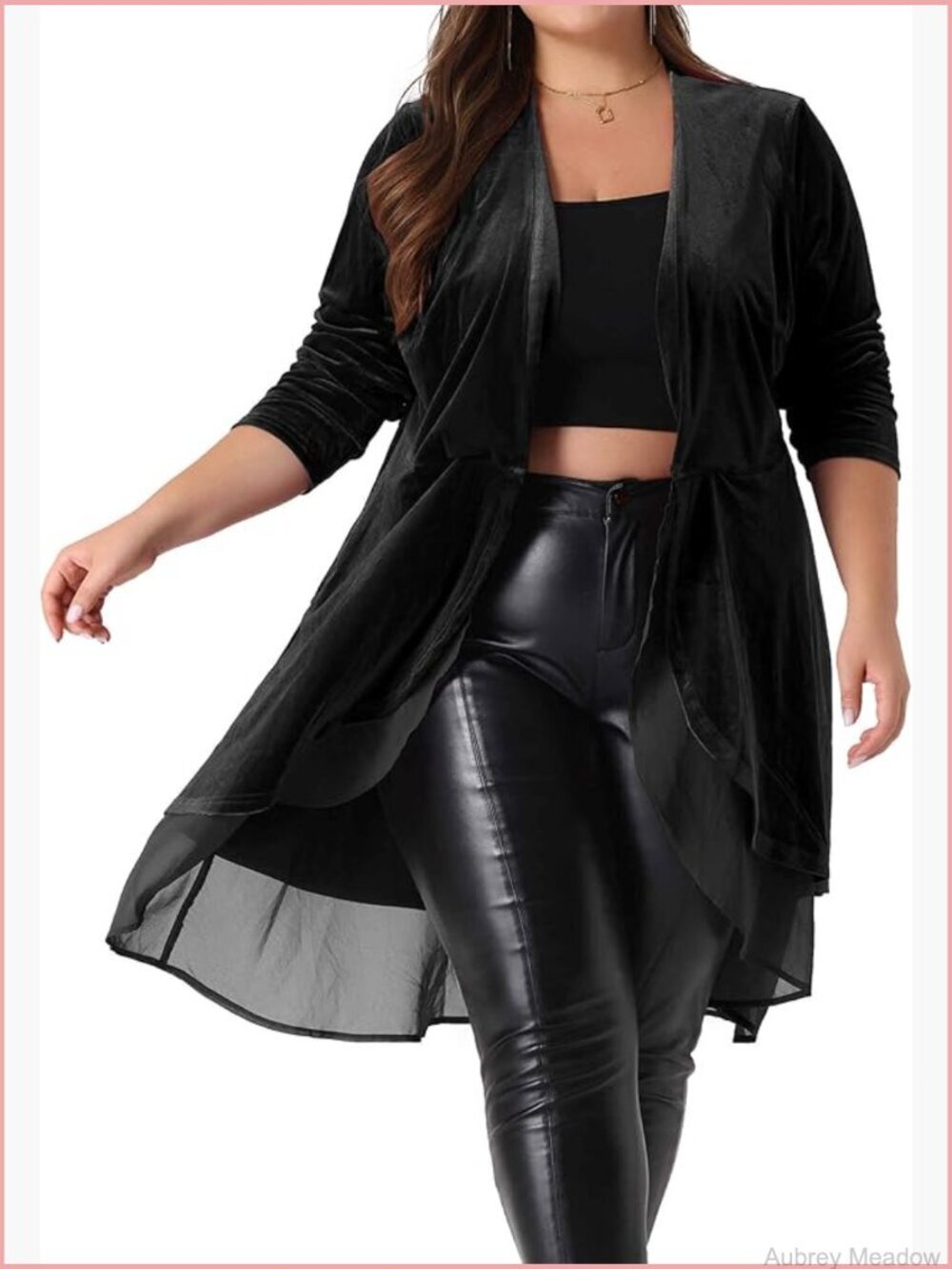 Plus Size Long Velvet Cardigan Open Front Asymmetric Ruffle Hem Jacket